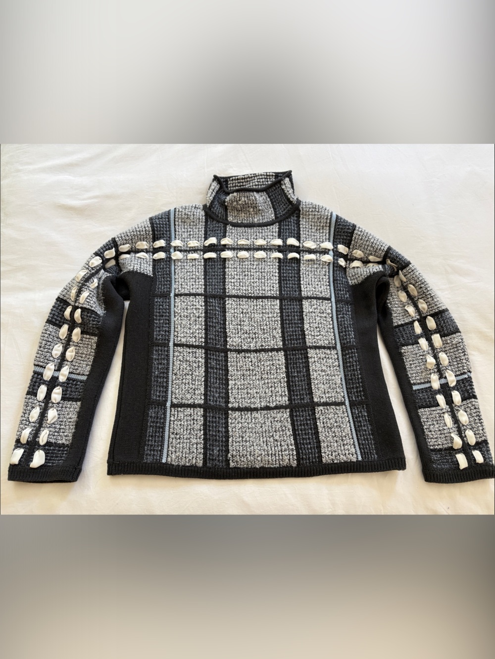 Club Monaco Black & Gray Checked Turtleneck Sweater with Cream Trim